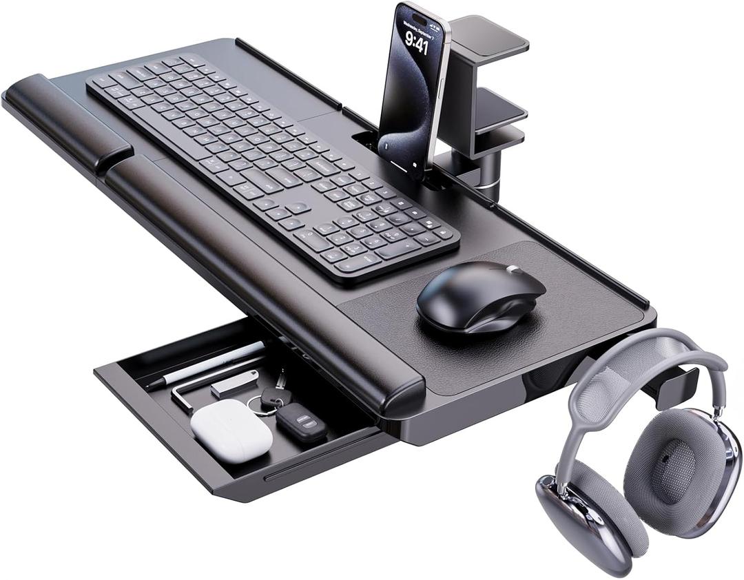 Klearlook Keyboard Tray Under Desk with 360 Rotation, Ergonomic Computer Keyboard & Mouse Tray 25"W11.02"D Sit Stand Desk Keyboard Holder w/Wrist Rest & Storage Drawer (Height is not Adjustable)