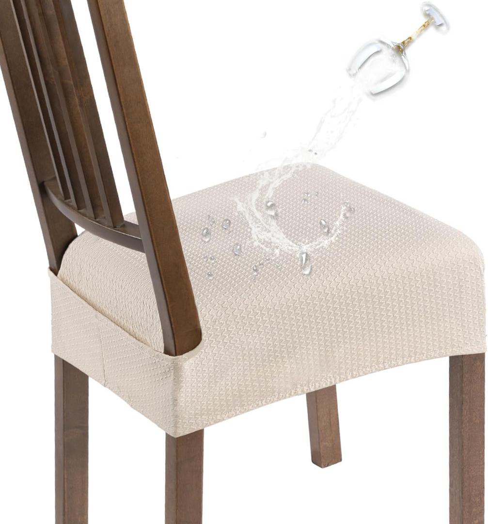 SearchI Waterproof Dining Chair Seat Covers Set of 6, Washable Stretch Jacquard Seat Covers for Dining Chairs, Dining Room Seat Cover Protector (Rear-Covered, Beige Jacquard)