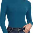 PALINDA Women's Ribbed Turtleneck Fitted Long Sleeve Shirts Basic Thermal Layering Tops (Large, Lake Blue)