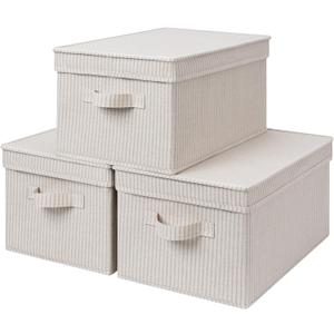 StorageWorks Fabric Storage Bins with Lids, Decorative Storage Bins with Soft Handles, Foldable Storage Baskets for Closet, Shelves, Stackable and Sturdy Organization, Khaki Stripe, Large, 3-Pack