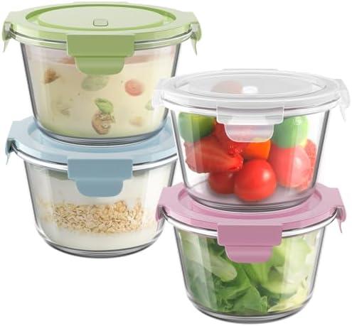 16oz Glass Meal Prep Containers, Airtight 2 Cup Glass Storage Containers with Lids, Heat-Resistant BPA-Free Borosilicate Glass Soup Container for Leftover, Microwave, Dishwasher & Freezer Safe (4 Packs)