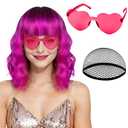 PLULON Wavy Bob Wigs with Bangs Heart Sunglasses Hair Cap for Women, Colored Synthetic Hair Short Bob Loose Curly Shoulder Length Wigs for Costume Bachelorette Party Music Festival (Rose mixed Purple)