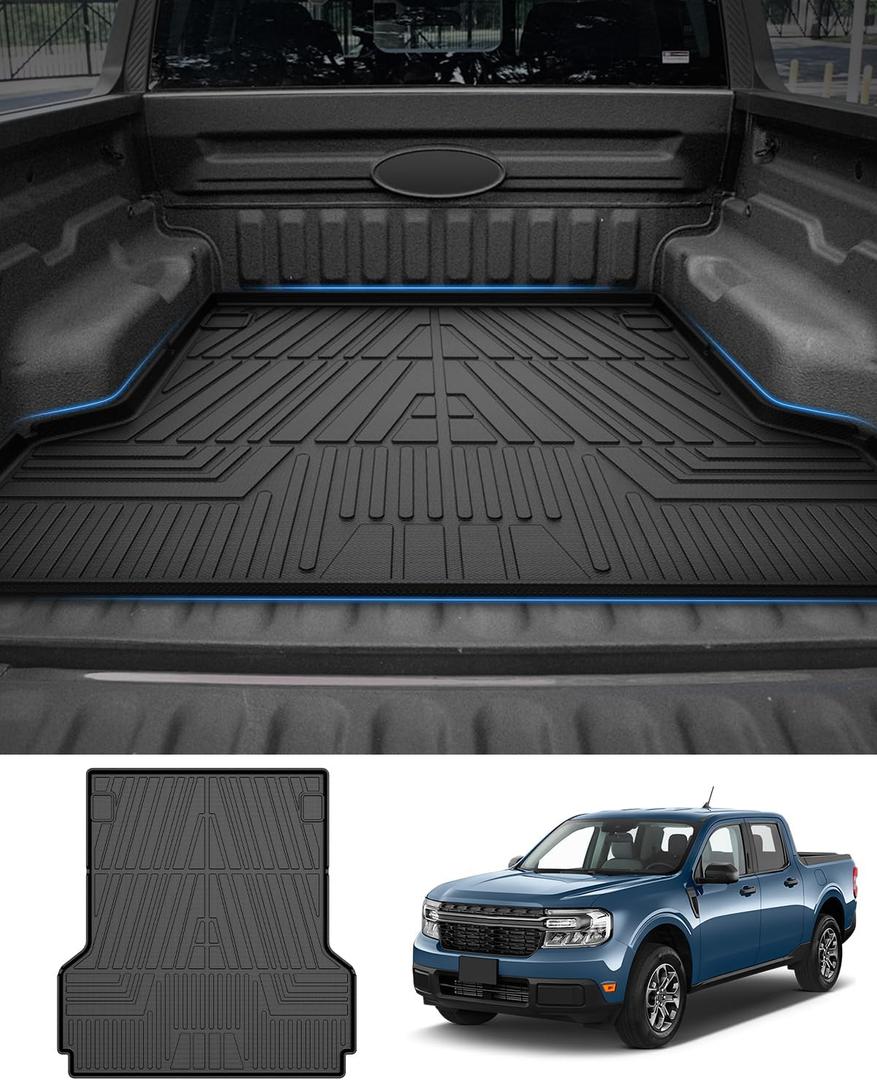 Powerty Truck Bed Mat for Ford Maverick (Gas & Hybrid XL/XLT/Lariat Models) 2022 2023 2024 2025 2026 Accessories All Weather Truck Bed Liner TPE Pickup Bed Mat Black