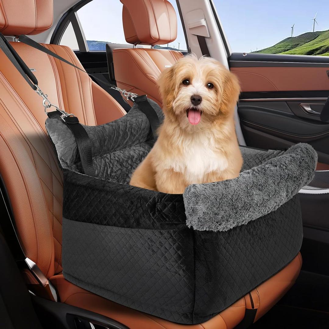 Dog Car Seat for Small/Medium Dogs up to 30lbs, Memory Foam Booster Seat with Anti-Slip Base & Storage Pockets, Washable Pet Travel Bed for Cars/Home/Travel (BlackGray)