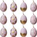 DN DECONATION 12-Piece Easter Egg Hanging Ornaments Set, Light Purple Plastic Eggs with Gold Brushstroke & Polka Dot Decor, Minimalist Spring Home Decor for Tree Wall Table, Elegant Gift Set