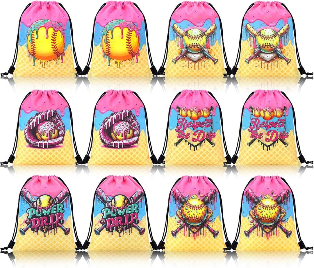 Sunnymove 12 Pcs Ice Cream Drip Softball Drawstring Bag with Handle 7.5'' x 10'' Softball Drip Goodie Bag Bulk Ice Cream Party Favors Sport Themed Team Birthday Party Supply for Treat Candy Snack