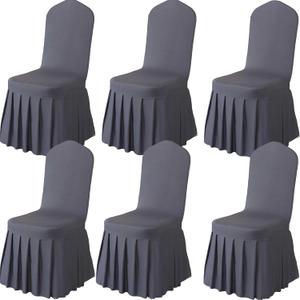 Qubjus 6 Pack Stretch Spandex Dining Chair Covers with Skirt – Washable & Fitted Slipcovers for Dining Room Chairs, Weddings, Home, Hotel Decor – Grey | 7"D x 6"W x 2"H
