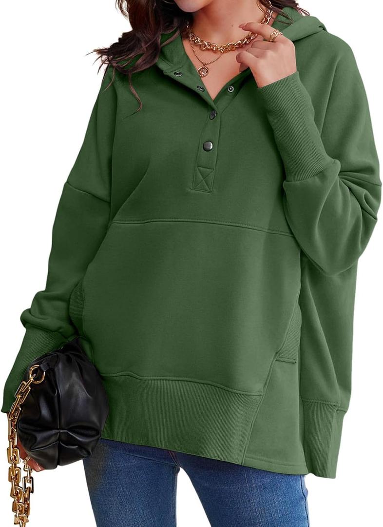 AlvaQ Womens Oversized Sweatshirts Hoodies Fleece Button Neck Hooded Tops Casual Pullover Tunics Winter Outfits 2025 (Green, S)