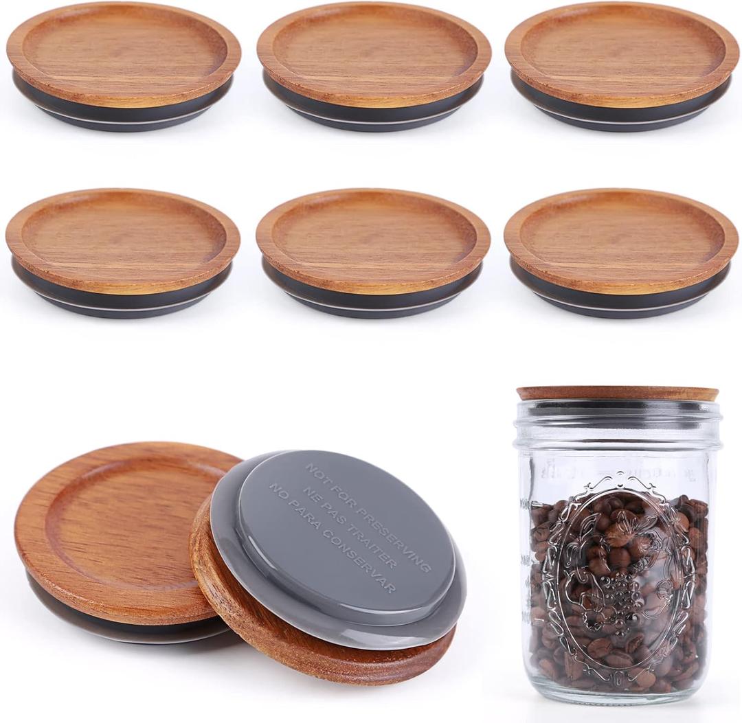 6Pack Wide Mouth Mason Jar Lids Acacia Wooden Storage Canning Jar Lids Ball Jars Bamboo Wooden Lids with Airtight Silicone Seal, Brown