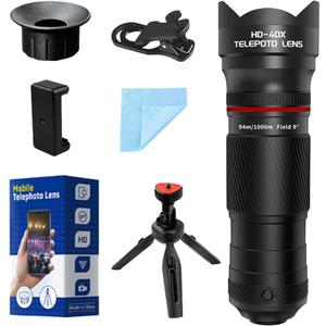 40X Telephoto Lens with Tripod for iPhone Android Phones, 2-in-1 Mobile Phone Camera Lens Kit with Universal Clip, HD Magnifier for Smartphone Photography - Compatible with All Smartphones