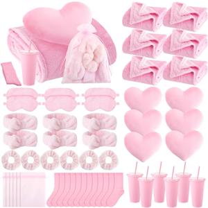 Fanfanwin 48 Pcs Sleepover Party Supplies Spa Birthday Slumber Pajamas Galentines Party Favors Coquette Throw Blanket Pillow Headband Scrunchies Eye Mask Cup Socks(Pink,Solid Color)