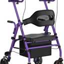 Upright Rollator Walker, Heavy Duty Stand Up Walkers for Seniors with Seat and Reversible Backrest, Foldable Standing Rollator with 8" Anti-Slip PU Wheels, Purple