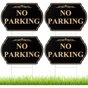 Juexica 4 Pcs No Parking Signs with Stand - 12" x 8" No Parking Yard Sign Double Sided, Heavy-duty Metal, Weatherproof & UV Protected for Driveway, Private Property(Gold Black)