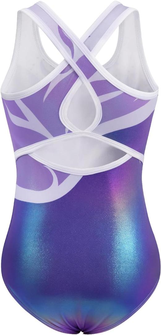 XiaoMoSha Gymnastics Leotards for Girls Hollow Back Dance Ballet Outfit Sleeveless Unitards Tank Bodysuit for Kids (7-8 Years, Whitepurple)