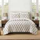 Laurel & Mayfair Mughal Flower Block Print Quilt and Pillow Sham Set, Vintage Rustic Cottage Lightweight Cotton Voile 3-Piece Bedding Set, King Size, Cream