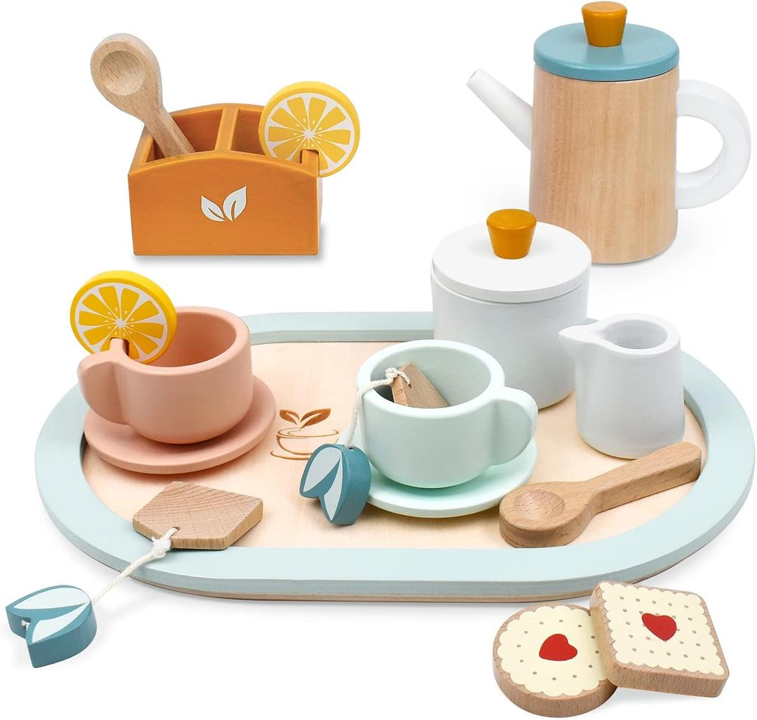 PairPear Wooden Tea Set for Little Girls, Wooden Toys Toddler Tea Set Play Kitchen Accessories for Kids Tea Party with Play Food