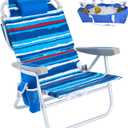 SUNNYFEEL Low Beach Chair 5 Position Lay Flat, Portable Folding Backpack Beach Chairs Heavy Duty with Cooler Bag, Cup Holder for Outdoor/Lawn/Picnic/Fishing, Foldable Camping Chair (New BlueStripe)