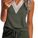Ekouaer Pajama Sets for Women 2 Piece Tank Top and Shorts Waffle Knit Lounge Set with Lace V-neck PJ Loungewear, S