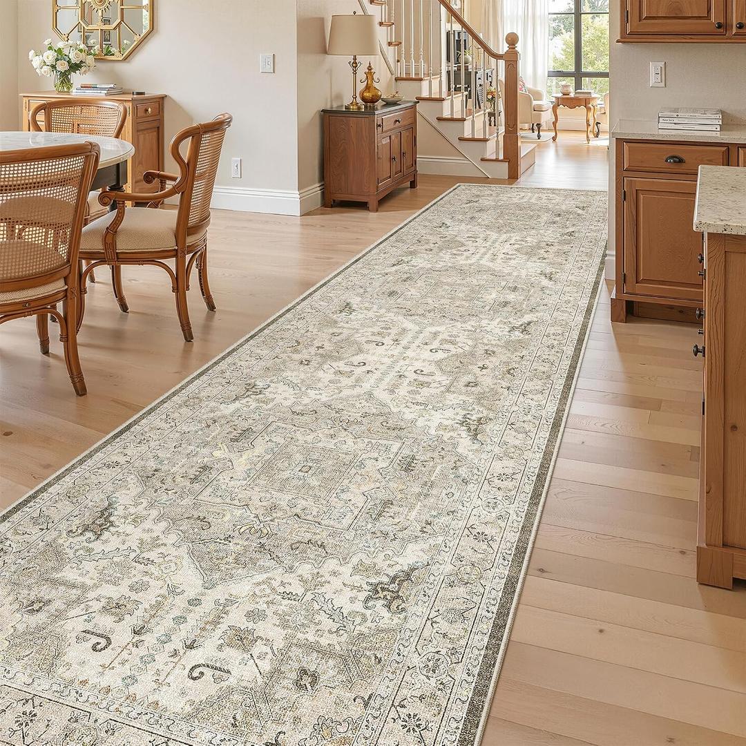 Madane 3x12 Hallway Runner Rug - Non Slip Washable 12ft Runner for Hallways Soft Vintage Kitchen Rugs Low-Pile Carpet Runner for Entryway Bathroom Thin Floor Mat for Bedroom Dining Room, Ivory/Brown