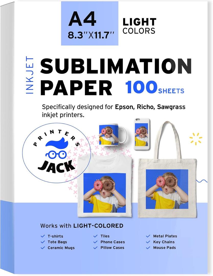 Printers Jack Sublimation Paper - Heat Transfer Paper 100 Sheets 8.3" x 11.7" for Any Epson HP Canon Sawgrass Inkjet Printer with Sublimation Ink for T-shirt Mugs DIY