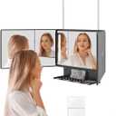 Dripex 3 Way Mirror with Storage Shelf and 3 Color LED Lights, Rechargeable Trifold Self Haircut 360 Mirror with Height Adjustable Hooks for Makeup, Styling, Shaving, Braiding, Dye Hair (Black)