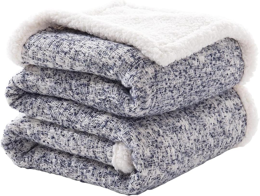 SE SOFTEXLY Throw Blanket, Reversible Sherpa Blanket with 30% Wool and 70% Cotton, Fuzzy Plush Fluffy Soft Blanket, Fall Winter Blanket for Couch Bed Sofa Chair (Blue, 50" x 60") (50"x60")