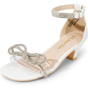 DREAM PAIRS Girls Sandals Ankle Strap Square Toe Low Heel Bow Flower Dress Shoes (4 Big Kid, White)