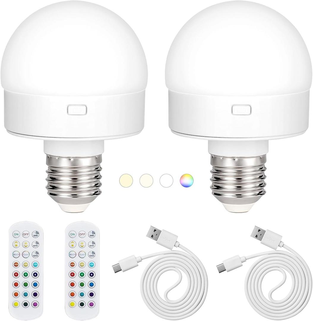2 Pack Rechargeable Battery Operated Light Bulb with Remote ControlCordless Dimmable LED Bulb with 3 Timer Settings, 15 Colors Selectable, Wireless Puck Light Bulb for Wall Sconce SLBL01A2