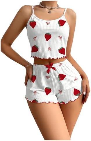 Verdusa Women's 2 Piece Strawberry Printed Pajama Sets Cami Top and Shorts Pjs M