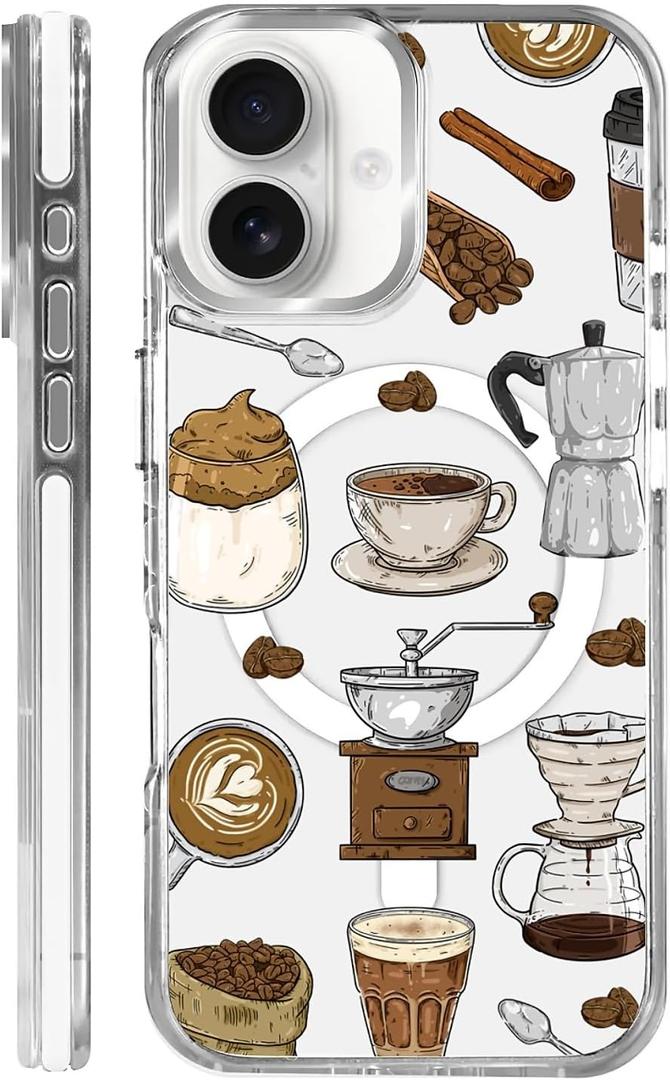Clear Case for iPhone 16 Plus, [Magnetic Charging Compatible][Military-Grade Protection][Anti-Yellowing] Shockproof Slim Magnetic Phone Case for iPhone 16 Plus, Coffee Collage