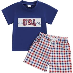 Toddler Baby 4th of July Outfit Boy Girl USA Short Sleeve T-shirt With Plaid Shorts Patriotic Baby Clothes