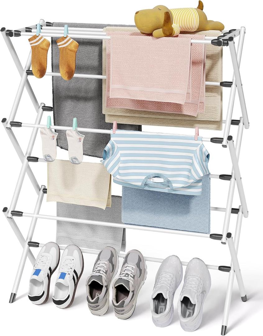 Foldable Clothes Drying Rack  Metal Laundry Drying Rack with Non-Slip Feet, 3-Tier Space-Saving Clothing Rack for Organization, Indoor & Outdoor Use, 11.4"D x 29.1"W x 37.4"H, White and Black