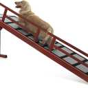KUVETO Dog Ramp for Bed or Couch, Wooden Pet Ramp with 20° Gentle Slope, Removable Side Rails, Non-Slip Surface, Top Platform & Wheels, Safe Bed Ramp for Small, Large & Senior Dogs, 74" Long, Mahogany