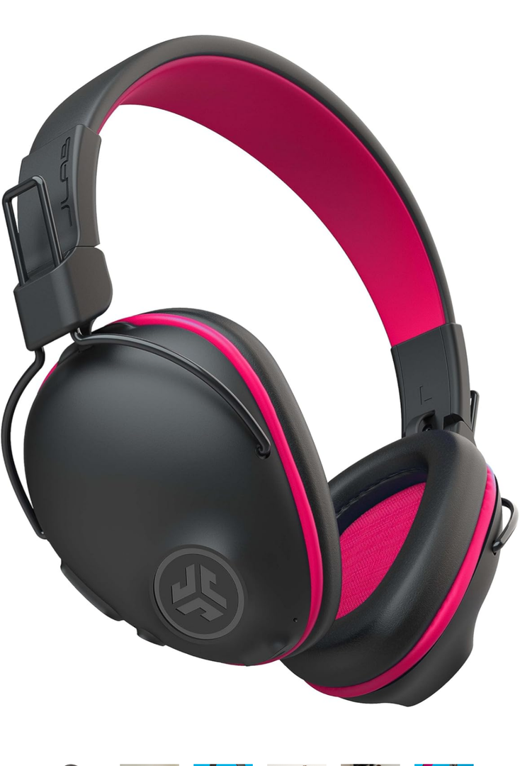 JLab JBuddies Pro Wireless Over-Ear Kids Headphones, 35+ Hour Battery Life, Built-in Volume Regulators for Safety, Share Mode, Folding, Adjustable, Noise Isolation, with Mic, Pink