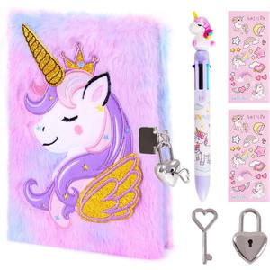 Unicorn Diary with Lock for Girls,Cute Plush Journal Notebook Set for Kid with Stickers,Fluffy Secret Notebook for Writing and Drawing Gifts for Girls ages 6-8