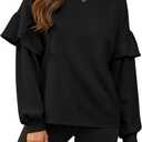 Fisoew Womens Crewneck Sweatshirts Fall Casual Ruffle Long Sleeve Roll Hem Loose Cropped Pullover Tops (XX-Large, Black)