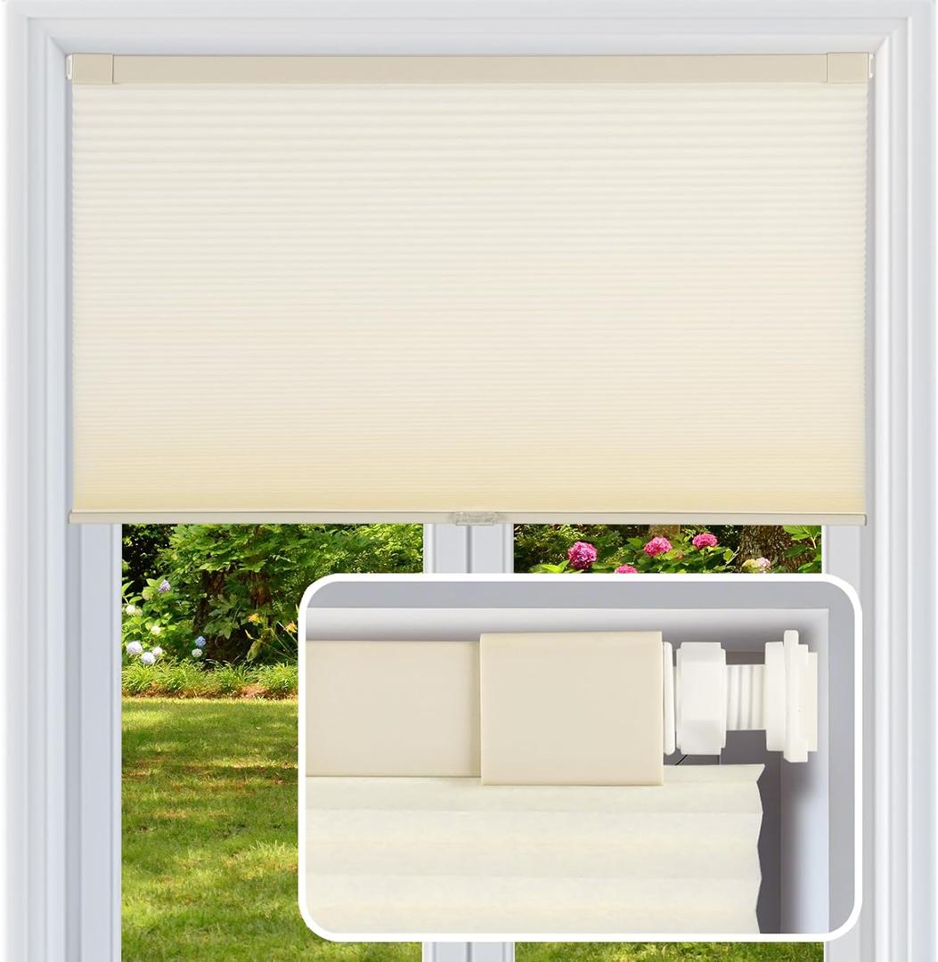 Cordless Cellular Shades, No Drill No Tools Light Filtering Honeycomb Shades, Pleated Blinds for Windows, Easy to Install, Light Cream 34" W x 64" H