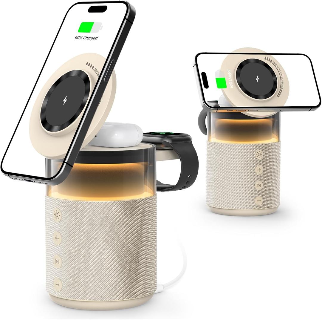 5-in-1 Bluetooth Speaker with Wireless Charging Station,Magnetic Charger with Night Light,Charger Stand with 33W Adapter Compatible with iWatch iPhone 17 16 15 14 13 12 Pro Max Wireless Earbuds