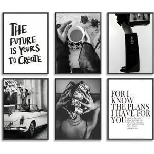 Trendy Black and White Wall Art Luxury Money Hair Rollers Girl Posters High Heels Motivational Quotes Home Decor for Bedroom Living Room Dormitory Modern Aesthetic Pictures Unframed 8x10 Inch