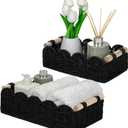 Black Scalloped Edge Storage Baskets with Wood Handle, Set of 2 Decorative Paper Rope Organizer Bins for Bathroom, Shelf & Countertop