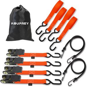 Ratchet Straps,Boat Tie Down Straps to Trailer, Motorcycle Straps,Kayak Tie Downs, 4-PK 1" x 15ft, 1800 LB Break Strength Safety S-Hook & 2 Bungees, Rubber Coated Handle Orange