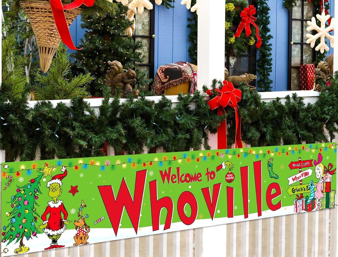 Sunwer Merry Christmas Fence Banner Green Elf Xmas Winter Holiday Party Decor Yard Porch Sign Decoration Photo Booth Backdrop (Green-A)