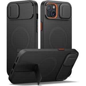 SURITCH for iPhone 14 Plus/15 Plus Case with Magnetic Camera Slide Cover and Adjustable Kickstand, Compatible with MagSafe, Shockproof Bumper Case Slim Protective Cover 6.7 Inch, Black