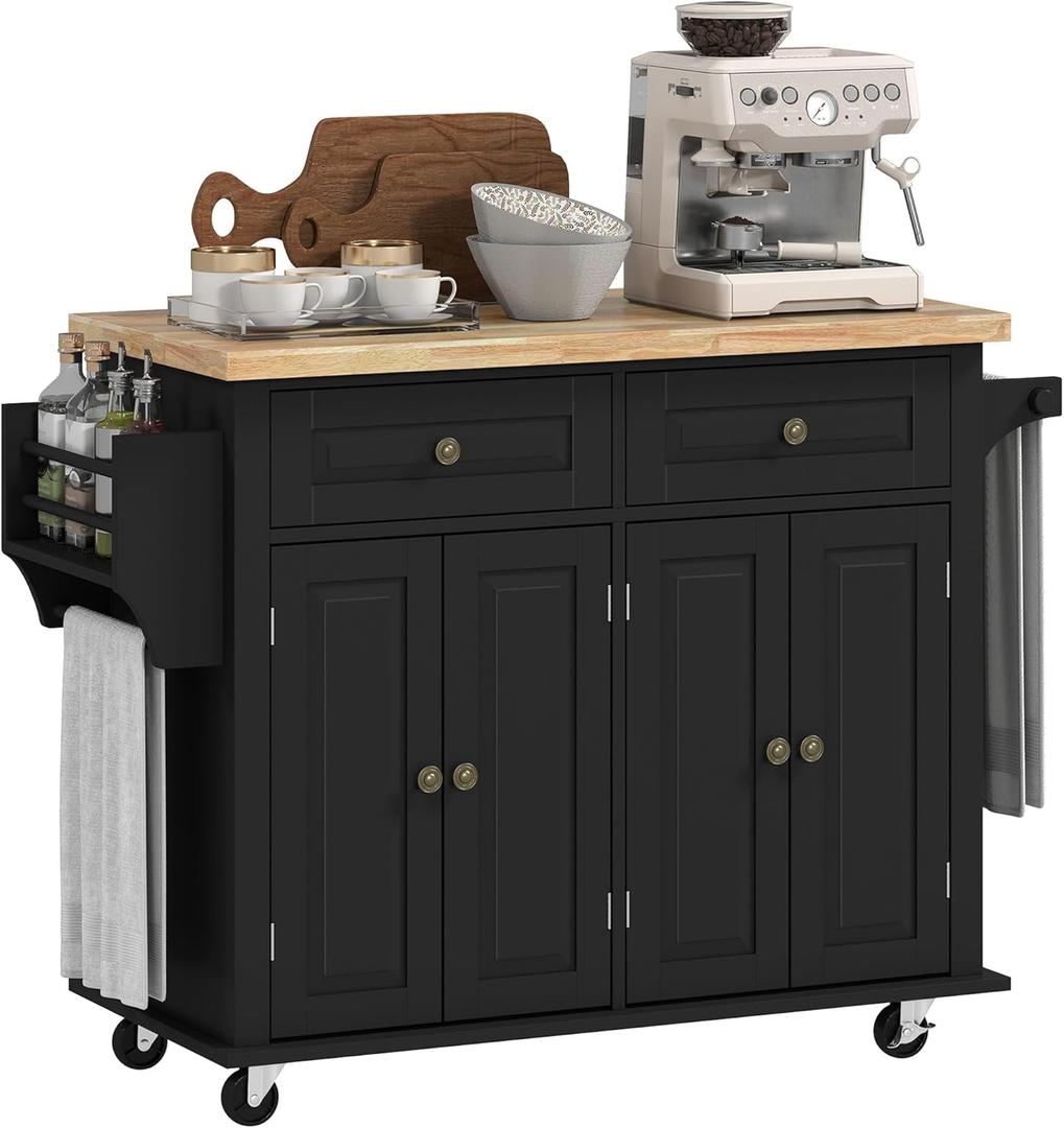HOMCOM Kitchen Island Cart with Rubber Wood Top, Rolling Kitchen Island Table on Wheels with Drawers, Adjustable Shelves, Spice Rack and Towel Rack for Dining Room, Black
