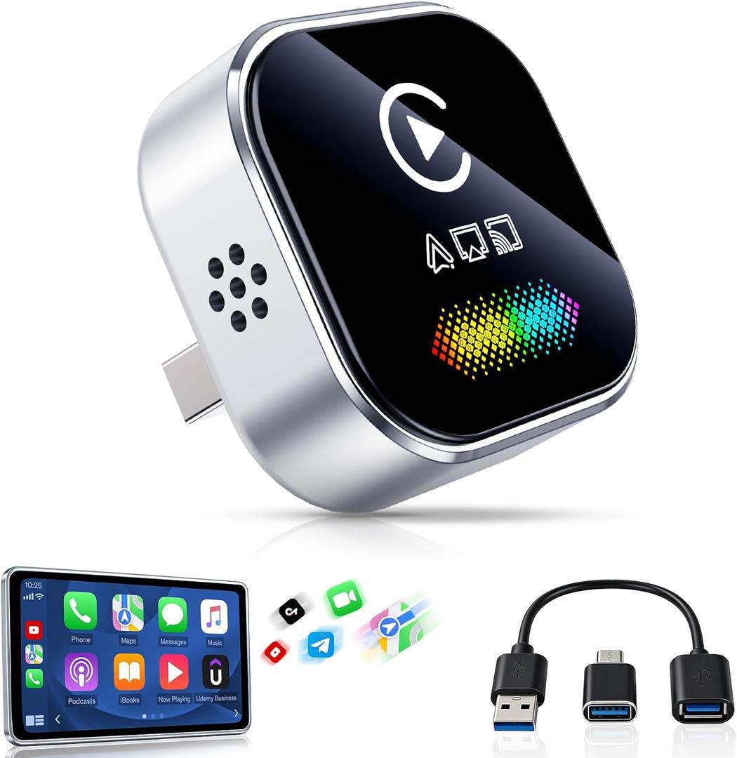 Wireless CarPlay Adapter for iPhone 2026 4-in-1 Dongle with AirPlay & Screen Mirroring, Low Latency, 5-Second Auto Connect for Wired Cars, Includes USB A/CSilvery