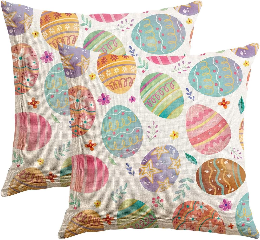 Artscope Easter Colorful Eggs Throw Pillow Covers 18x18 Inch Set of 2, Spring Easter Decoration Pillow Cases for Home Sofa Couch