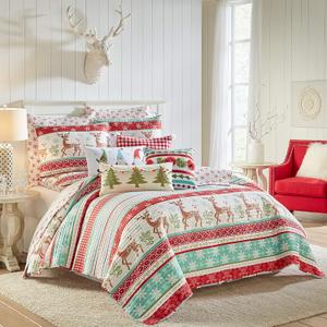 Levtex Home Merry & Bright Collecion - Let It Snow Quilt Set - King/Cal King Quilt 106x92 and 20x36 - Christmas Fun in Red, Turquoise, Green, White - Reversible