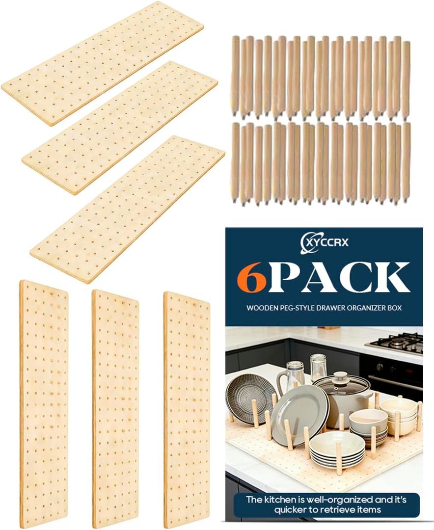 6Pack 2 Adjustable Sizes of Wooden pegboard Drawer Storage Boxes, Drawer Organizer with pegs Suitable for Adjustable Storage Boxes for pots, Pans, Tableware and Plates in The Kitchen