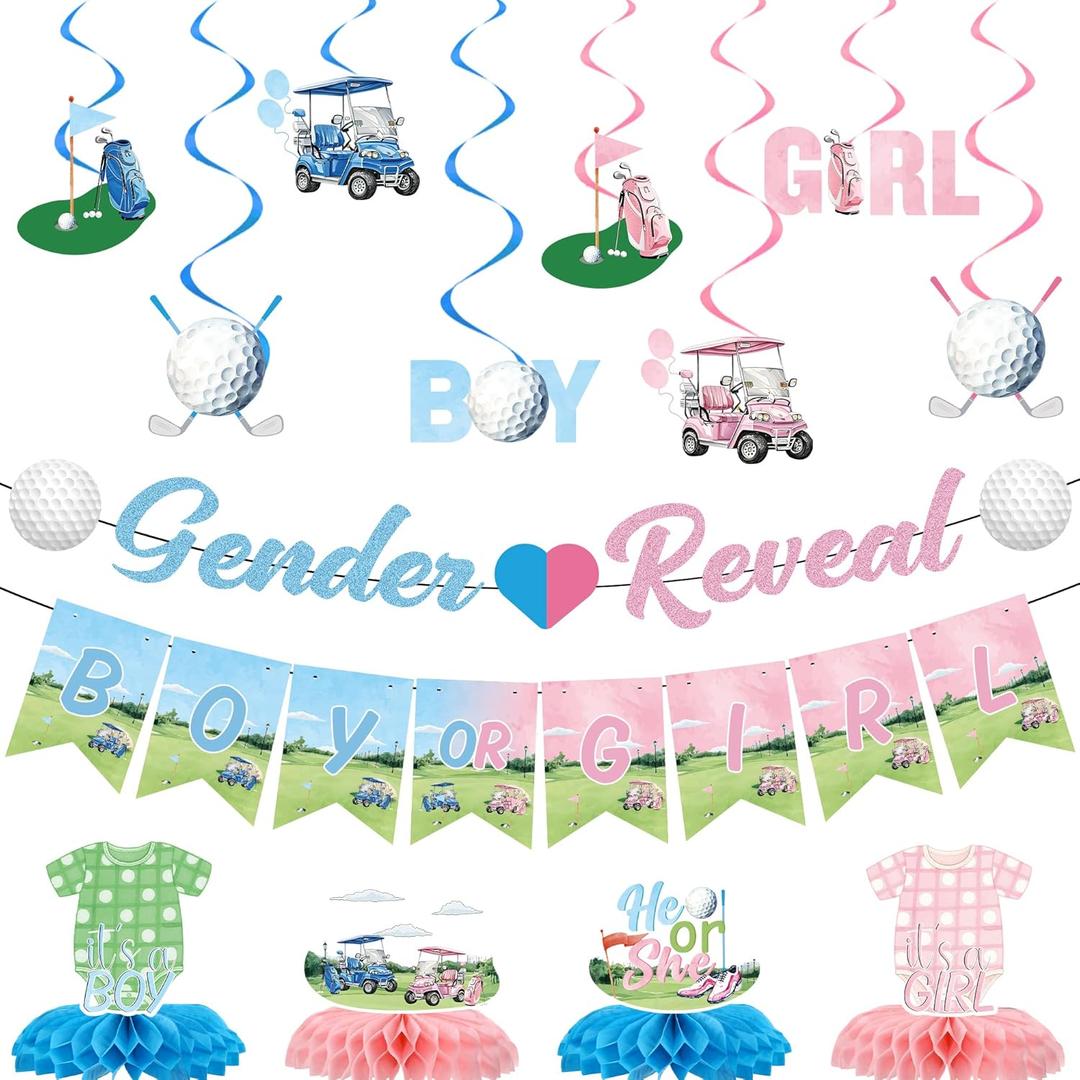 Golf Gender Reveal Decorations Banner - 14 Pcs Blue Pink He Or She Banner Golf Club Ball Honeycomb Centerpieces Swirls Garland Boy Girl Table Decor For Pregnancy Celebration Newborn Party Supplies