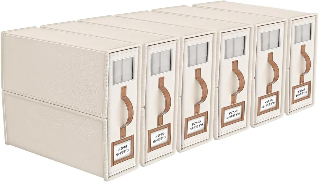 6 Pack Foldable Bed Sheets Set Organizers and Storage(King & Queen Size),Linen Fabric Closet Organizers with Window,Folding Bedding Storage Box for Bedsheets and Pillow Cube Organizer-Beige